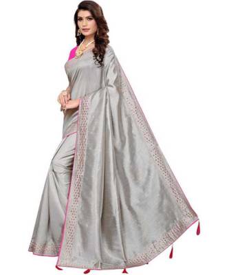 Grey Stone Work Embroidered Art Silk Saree With Blouse For Women 2