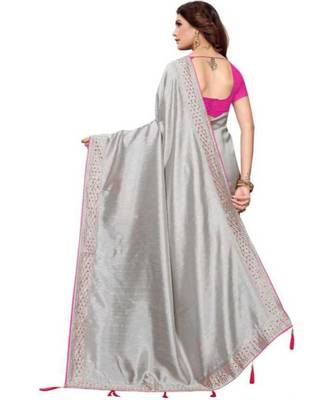 Grey Stone Work Embroidered Art Silk Saree With Blouse For Women 3