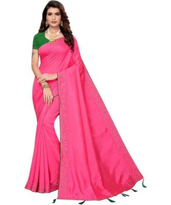 Pink Stone Work Embroidered Art Silk Saree With Blouse For Women 1