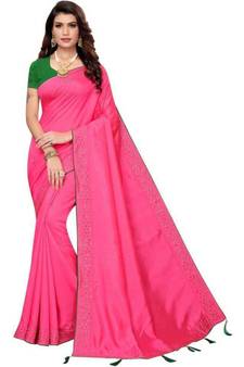Pink Stone Work Embroidered Art Silk Saree With Blouse For Women