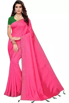 Pink Stone Work Embroidered Art Silk Saree With Blouse For Women