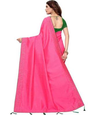 Pink Stone Work Embroidered Art Silk Saree With Blouse For Women 2