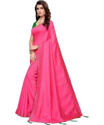 Pink Stone Work Embroidered Art Silk Saree With Blouse For Women 3