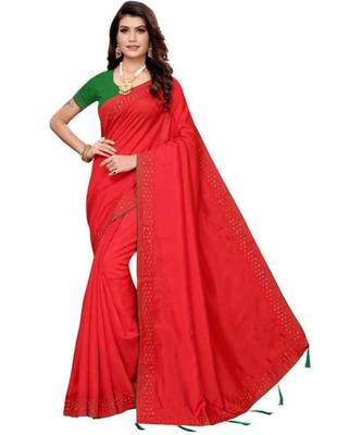 Red Stone Work Embroidered Art Silk Saree With Blouse For Women 1