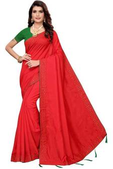 Red Stone Work Embroidered Art Silk Saree With Blouse For Women