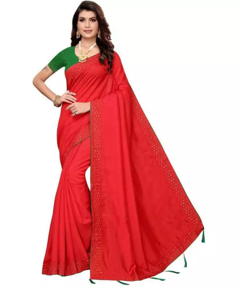 Red Stone Work Embroidered Art Silk Saree With Blouse For Women