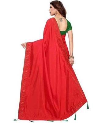 Red Stone Work Embroidered Art Silk Saree With Blouse For Women 2