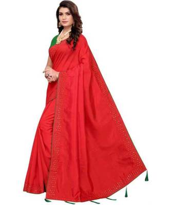 Red Stone Work Embroidered Art Silk Saree With Blouse For Women 3