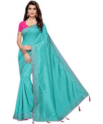Blue Stone Work Embroidered Art Silk Saree With Blouse For Women 1