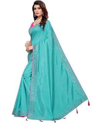 Blue Stone Work Embroidered Art Silk Saree With Blouse For Women 2