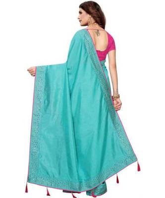 Blue Stone Work Embroidered Art Silk Saree With Blouse For Women 3