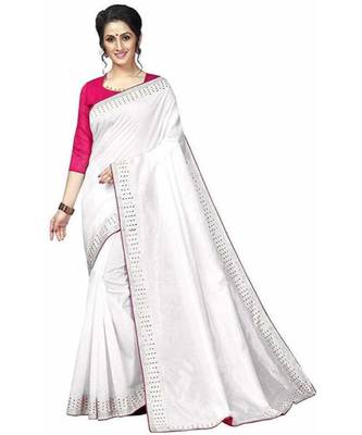 White Stone Work Embroidered Art Silk Saree With Blouse For Women 1