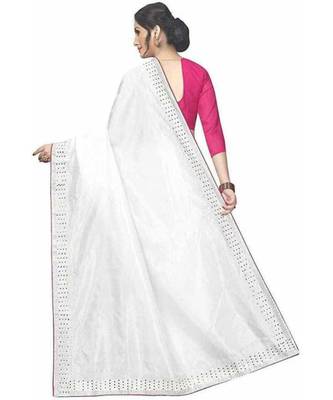 White Stone Work Embroidered Art Silk Saree With Blouse For Women 3