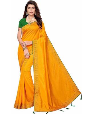 Yellow Stone Work Embroidered Art Silk Saree With Blouse For Women 1