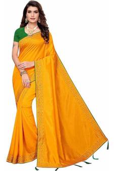 Yellow Stone Work Embroidered Art Silk Saree With Blouse For Women