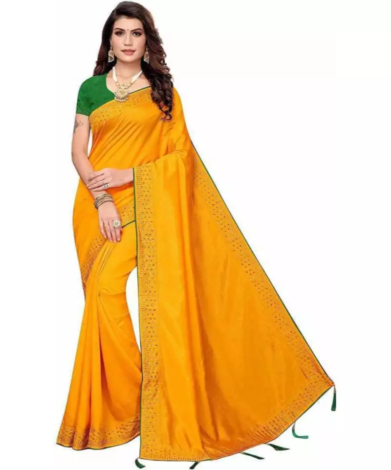 Yellow Stone Work Embroidered Art Silk Saree With Blouse For Women