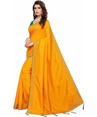 Yellow Stone Work Embroidered Art Silk Saree With Blouse For Women 3