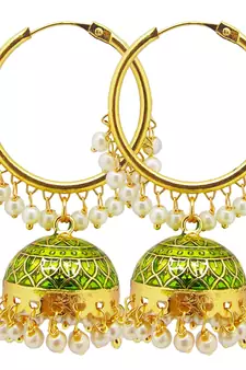 9blings Olive Green Jhumki Bali pearl earrings