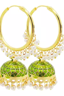 9blings Olive Green Jhumki Bali pearl earrings