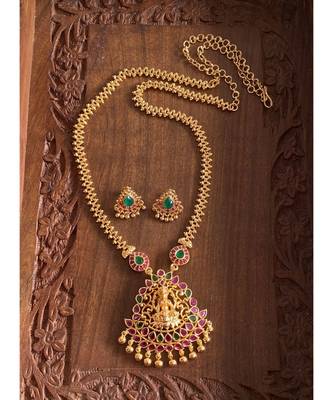 Beautiful Gold Tone Ruby Green Lakshmi Designer Necklace Set Dj31285 1