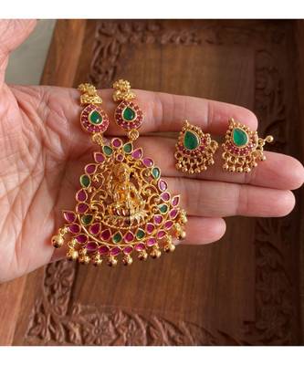 Beautiful Gold Tone Ruby Green Lakshmi Designer Necklace Set Dj31285 2