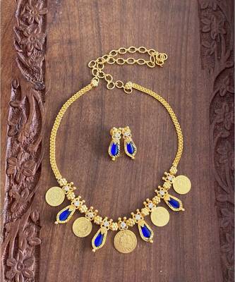 Beautiful Gold Tone Blue Nagapadam Lakshmi Coin Designer Necklace Set Dj24951 1