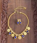 Beautiful Gold Tone Blue Nagapadam Lakshmi Coin Designer Necklace Set Dj24951