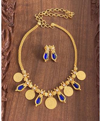 Beautiful Gold Tone Blue Nagapadam Lakshmi Coin Designer Necklace Set Dj24951 2