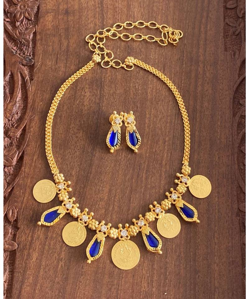 Beautiful Gold Tone Blue Nagapadam Lakshmi Coin Designer Necklace Set Dj24951