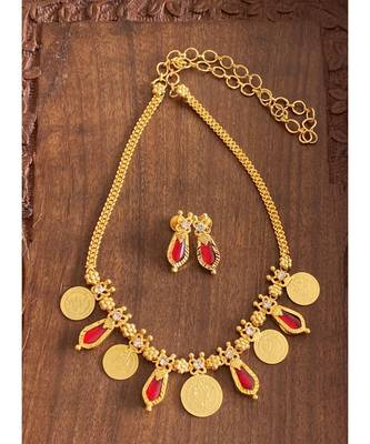 Beautiful Gold Tone Red Nagapadam Lakshmi Coin Designer Necklace Set Dj24950 1