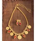 Beautiful Gold Tone Red Nagapadam Lakshmi Coin Designer Necklace Set Dj24950