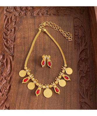 Beautiful Gold Tone Red Nagapadam Lakshmi Coin Designer Necklace Set Dj24950 2