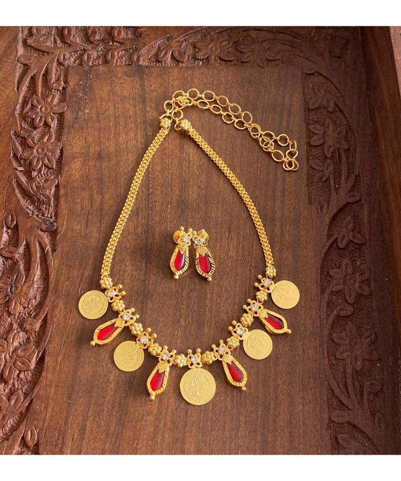 Beautiful Gold Tone Red Nagapadam Lakshmi Coin Designer Necklace Set Dj24950