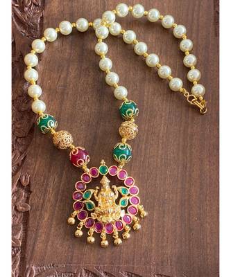 Beautiful Gold Plated Ruby Emerald Pearl Lakshmi Designer Necklace Dj20329 1