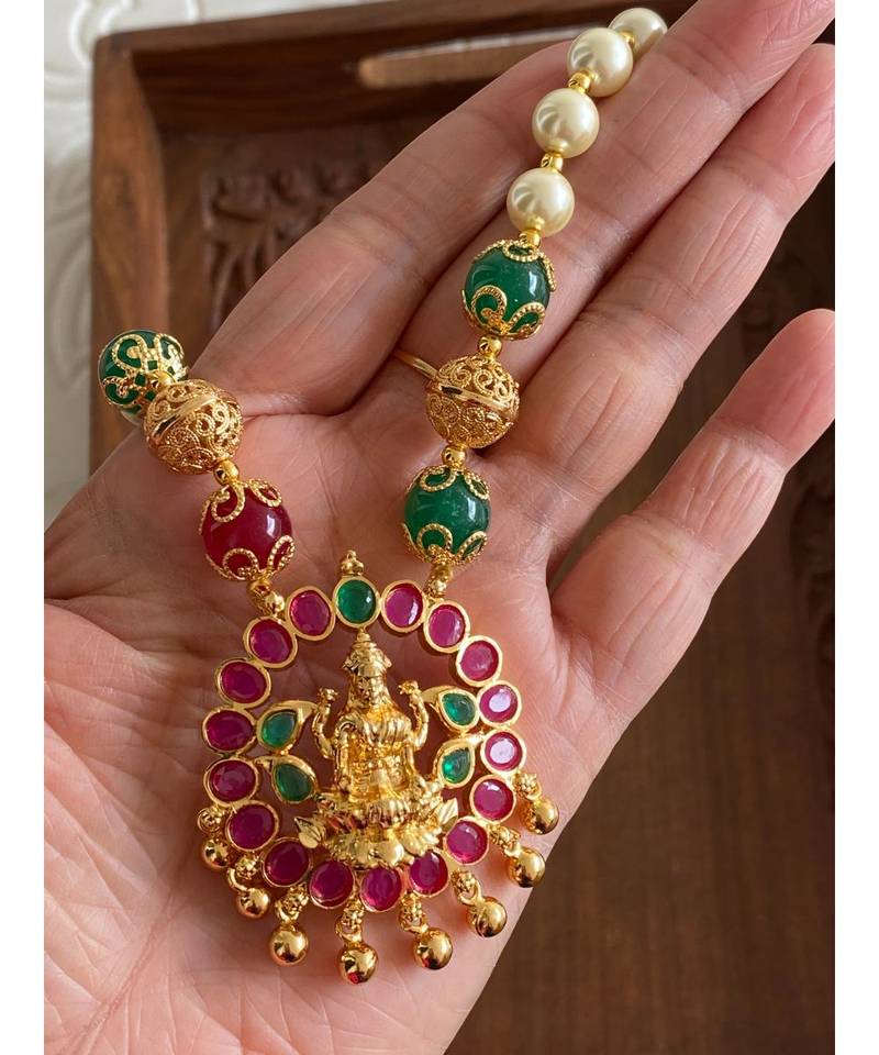 Beautiful Gold Plated Ruby Emerald Pearl Lakshmi Designer Necklace Dj20329