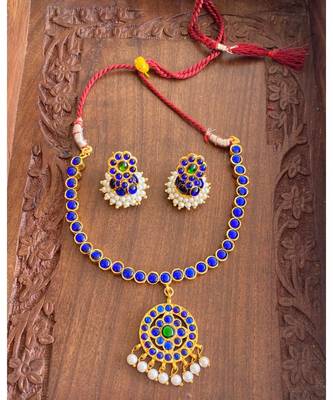 Beautiful Gold Plated Blue Green Temple Necklace Set Dj18163 1