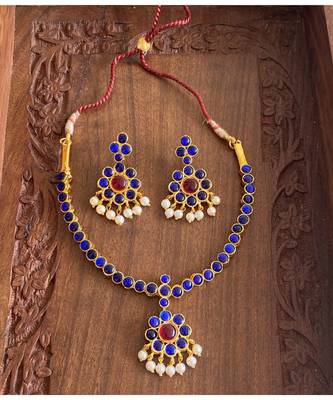Beautiful Kemp Blue Pearl Designer Necklace Set Dj21525 1