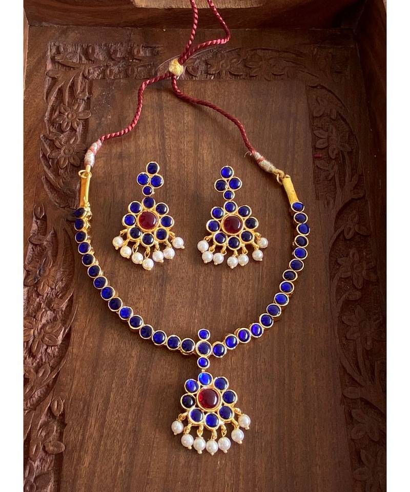 Beautiful Kemp Blue Pearl Designer Necklace Set Dj21525