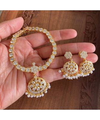Beautiful Gold Tone White Cz South Indian Style Necklace Set Dj28346 1