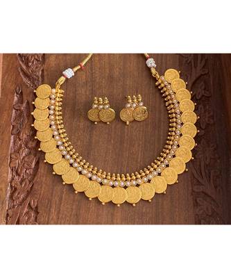 Beautiful Antique Pearl Lakshmi Designer Coin Necklace Set Dj29524 1