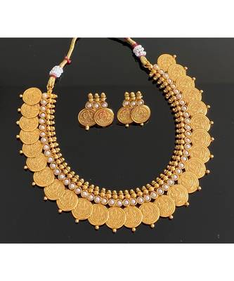 Beautiful Antique Pearl Lakshmi Designer Coin Necklace Set Dj29524 2
