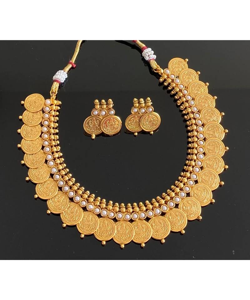 Beautiful Antique Pearl Lakshmi Designer Coin Necklace Set Dj29524