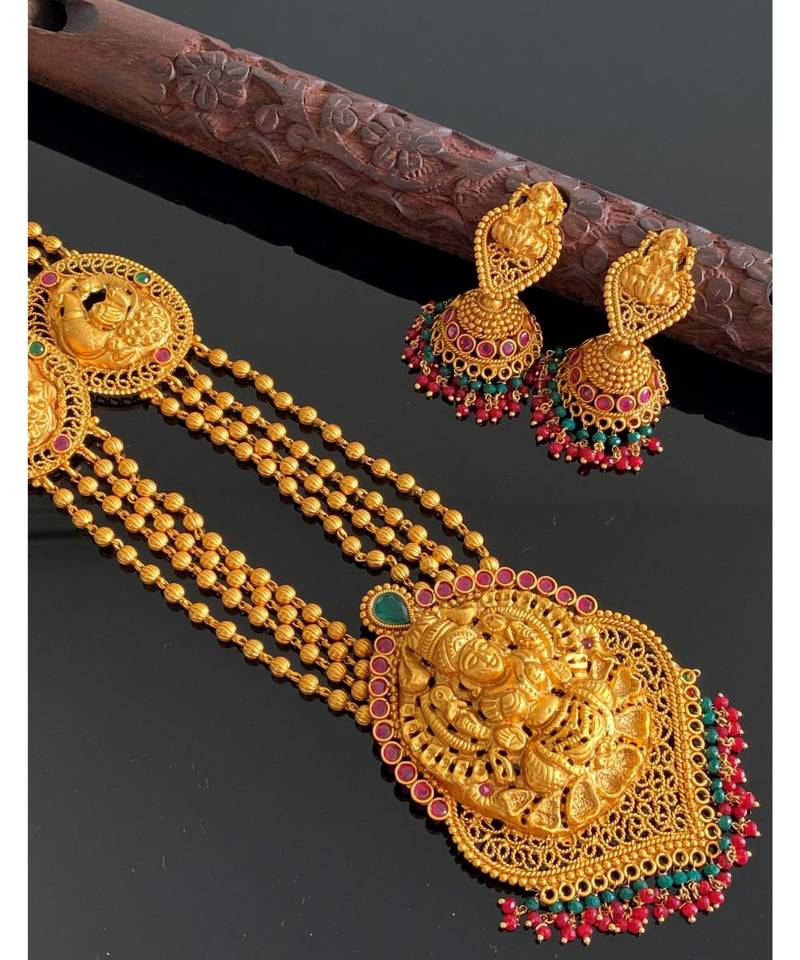 Awesome matte finish Ruby-Emerald multilayer Lakshmi haar set -DJ10574