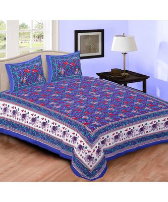 Blue Printed Cotton Double Bedsheets With Pillow Cover 1