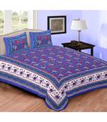 Blue Printed Cotton Double Bedsheets With Pillow Cover