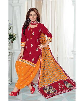 Red Printed  Cotton Unstitched Salwar Kameez 1