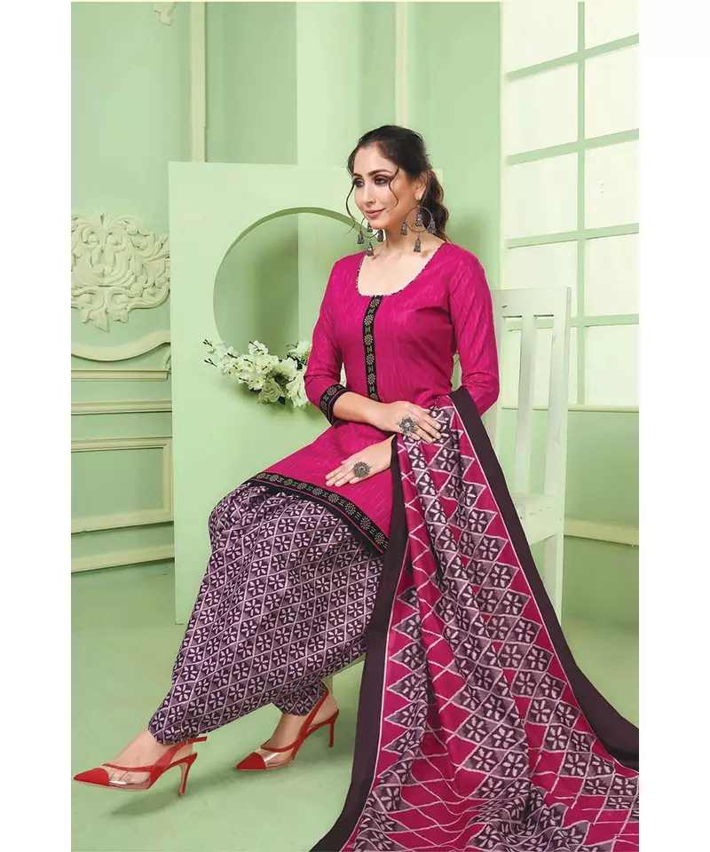 Pink Printed  Cotton Unstitched Salwar Kameez