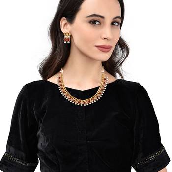 Gold Plated Red and White Stone Studded Necklace Set 2