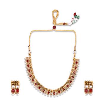 Gold Plated Red and White Stone Studded Necklace Set 3