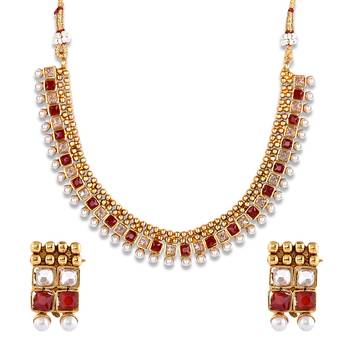 Gold Plated Red and White Stone Studded Necklace Set 4